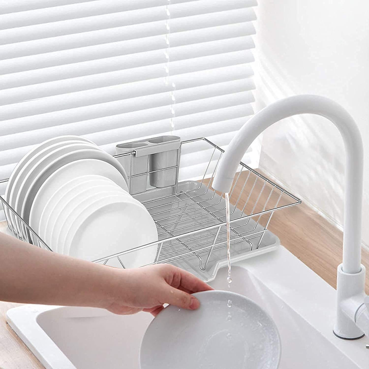 Greensen Escurridor de Platos de Acero Inoxidable, Bandeja de Escurrimiento para Cocina con Cesta para Cubiertos, Multifuncional, Resistente y Fácil de Limpiar 48 x 30 x 11 cm