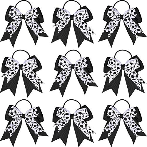 10 Hair Accessories - Soccer Hair Bows Elastic Ponytail Holders and Sport Hair Ties for Girls Players and Teams (Black and White)