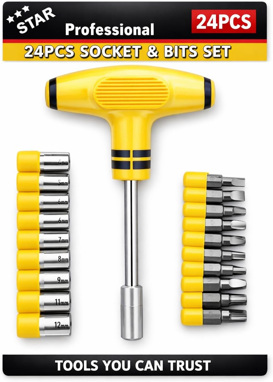 24-Piece T-Handle Screwdriver & Socket Set | Magnetic Bit Driver Kit with 12 Screwdriver Bits & 9 CR-V Steel Sockets (4mm–12mm) | Ergonomic Heavy-Duty Tool Set for Home, Auto Repair & DIY