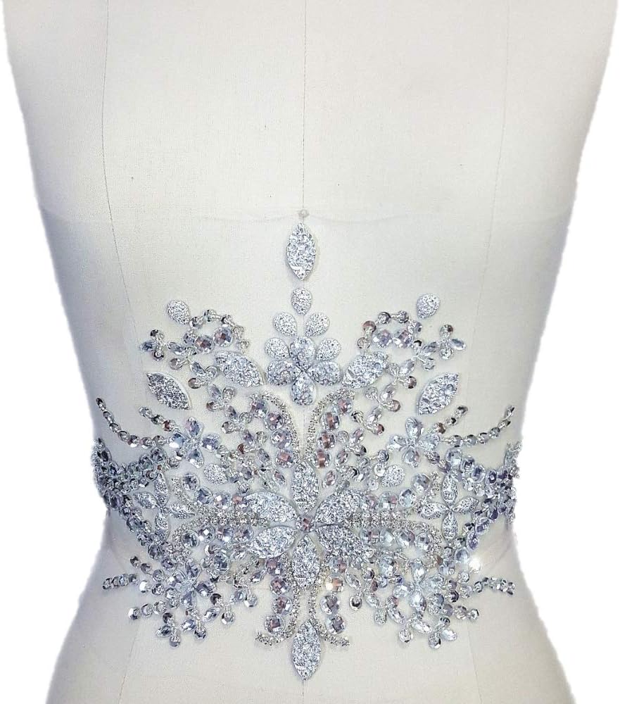 Gorgeous Pure Handmade Beaded Bling Bright Crystal Patches Sew on AB Rhinestones Waist Decoration Applique with Stones Sequins Beads DIY Craft Belt for Wedding Dress Decor Decorations (Silver Color)