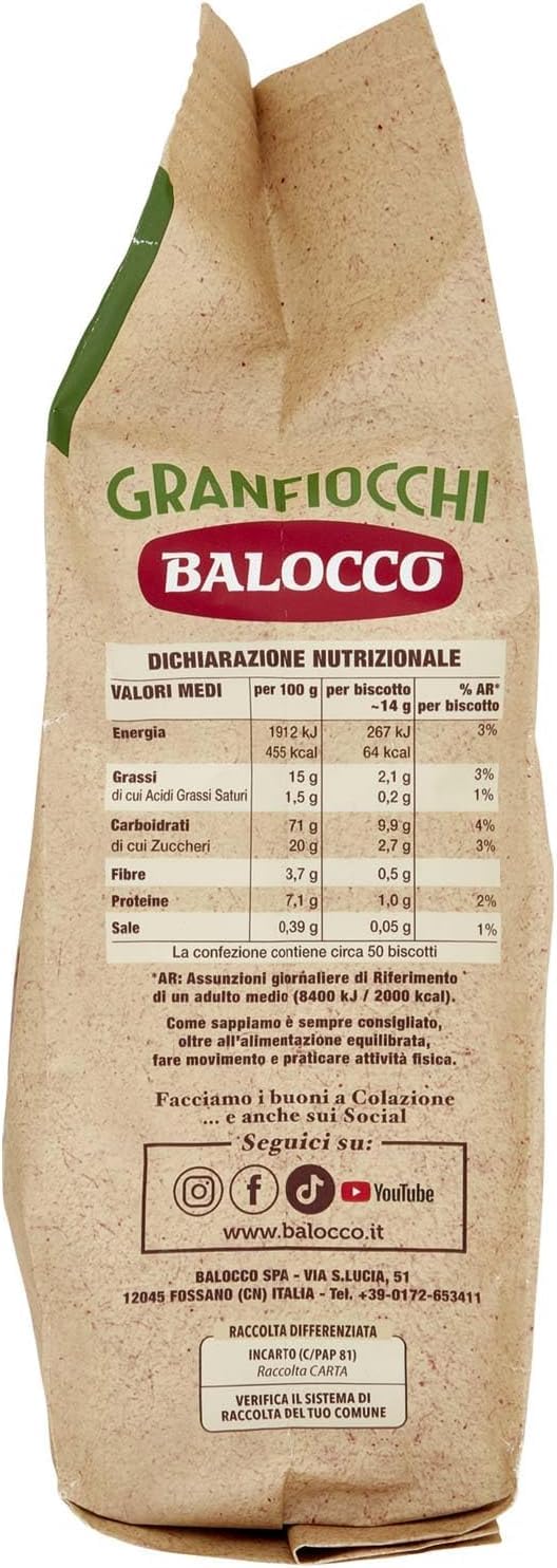Balocco Granfiocchi Biscotti Integrali - Galletas integrales con cereales integrales y granos de azúcar moreno (3 x 700 g, 400 g)