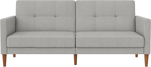 REALROOMS Lilly Sofá futón convertible tapizado con respaldo dividido, lino gris claro