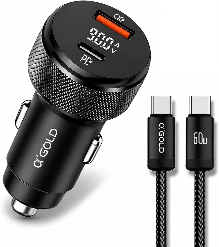 Carregador Veicular Turbo 60W USB-C PD USB-A QC com Cabo USB-C | Carregador Veicular Turbo 60w 9.1A
