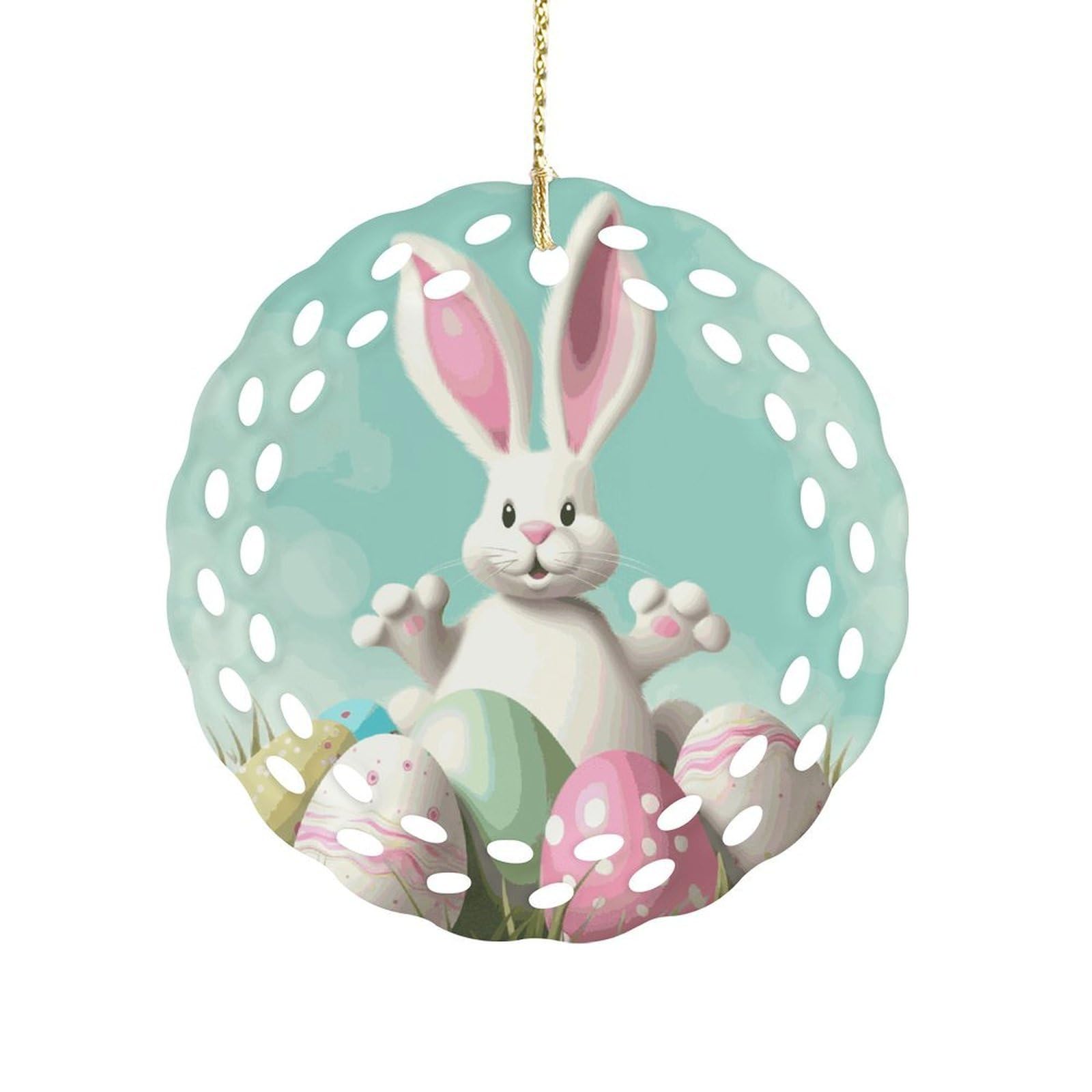 Btcowzrv Style Happy Easter Eggs Bunny Tail1 Ceramic Ornament,Round Ornaments With Hole Easy To Hang,Hanging Ornament For Wedding Party Home Window Garden Christmas Day Decor