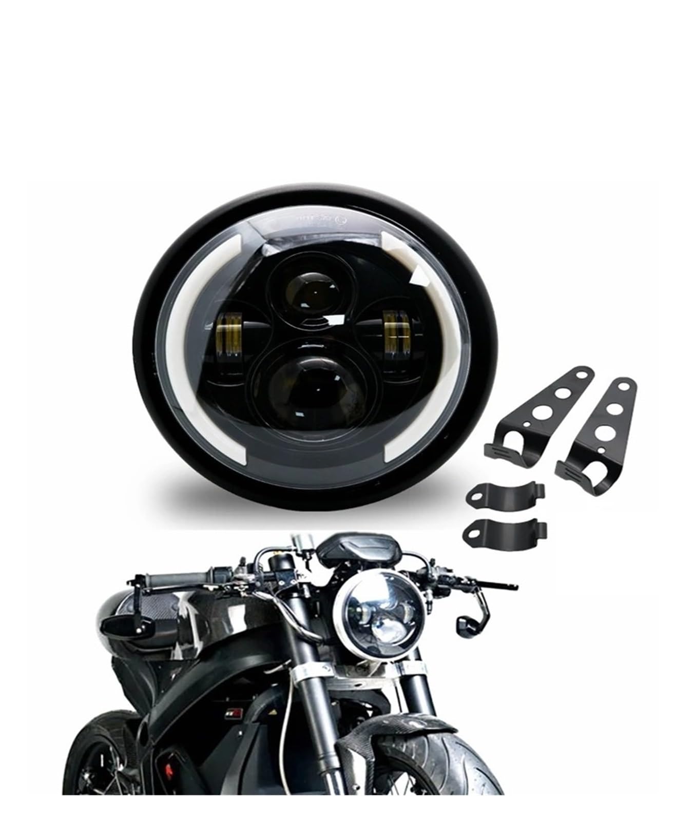 Faro Delantero Universal LED Retro 7.5 Pulgadas Modificado Con Luces Altas Y Bajas DRL Y Carcasa Faro Negro Mate Con Soporte Conjunto De Faro Moto(Light and housing3)
