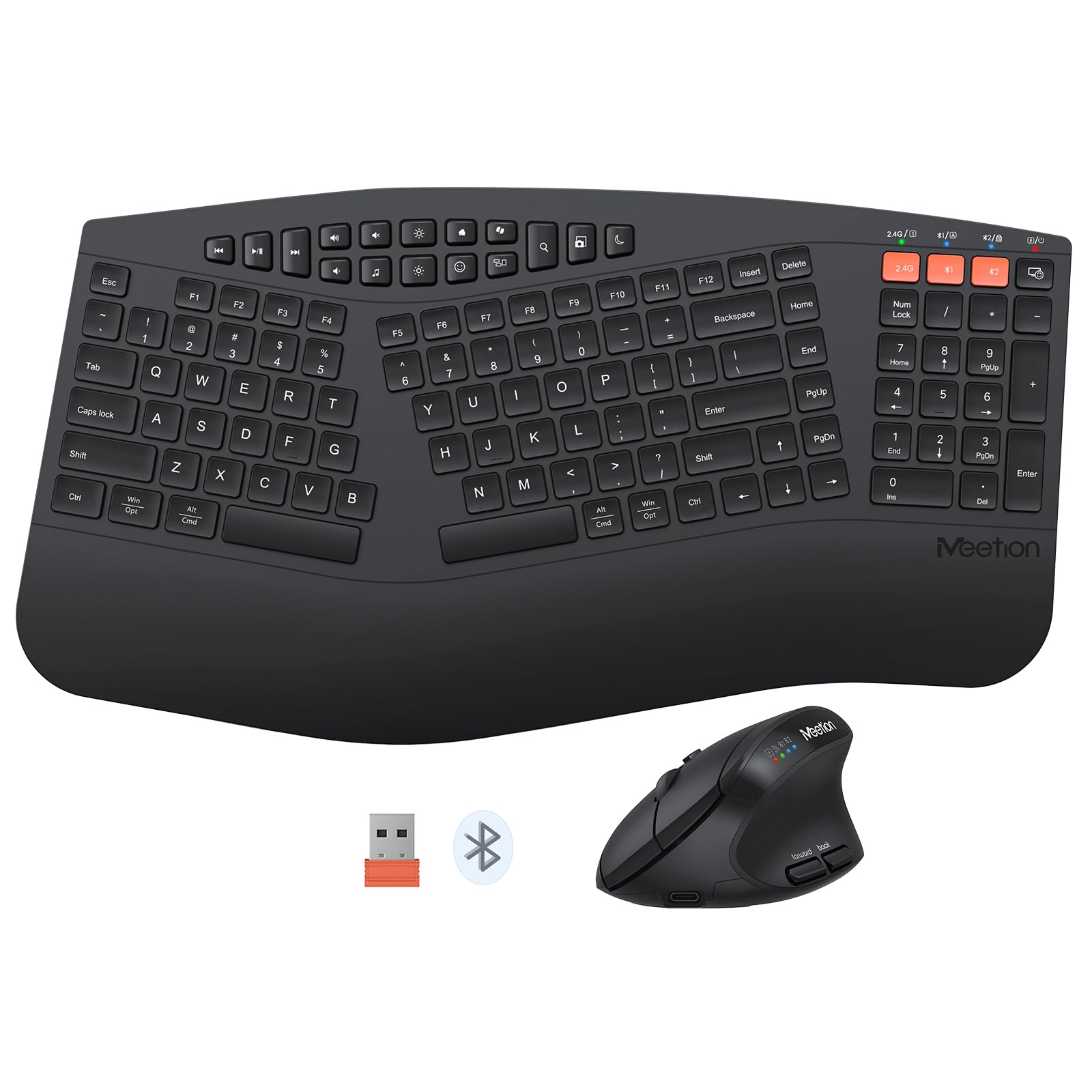 MEETION 2025 Upgrade Ergonomic Keyboard and Mouse, Multi-Device Bluetooth Keyboard and Mouse, 3 DPI Adjustable Full-Sized Wireless Keyboard and Mouse, for PC/Computer/Laptop/Window, Black