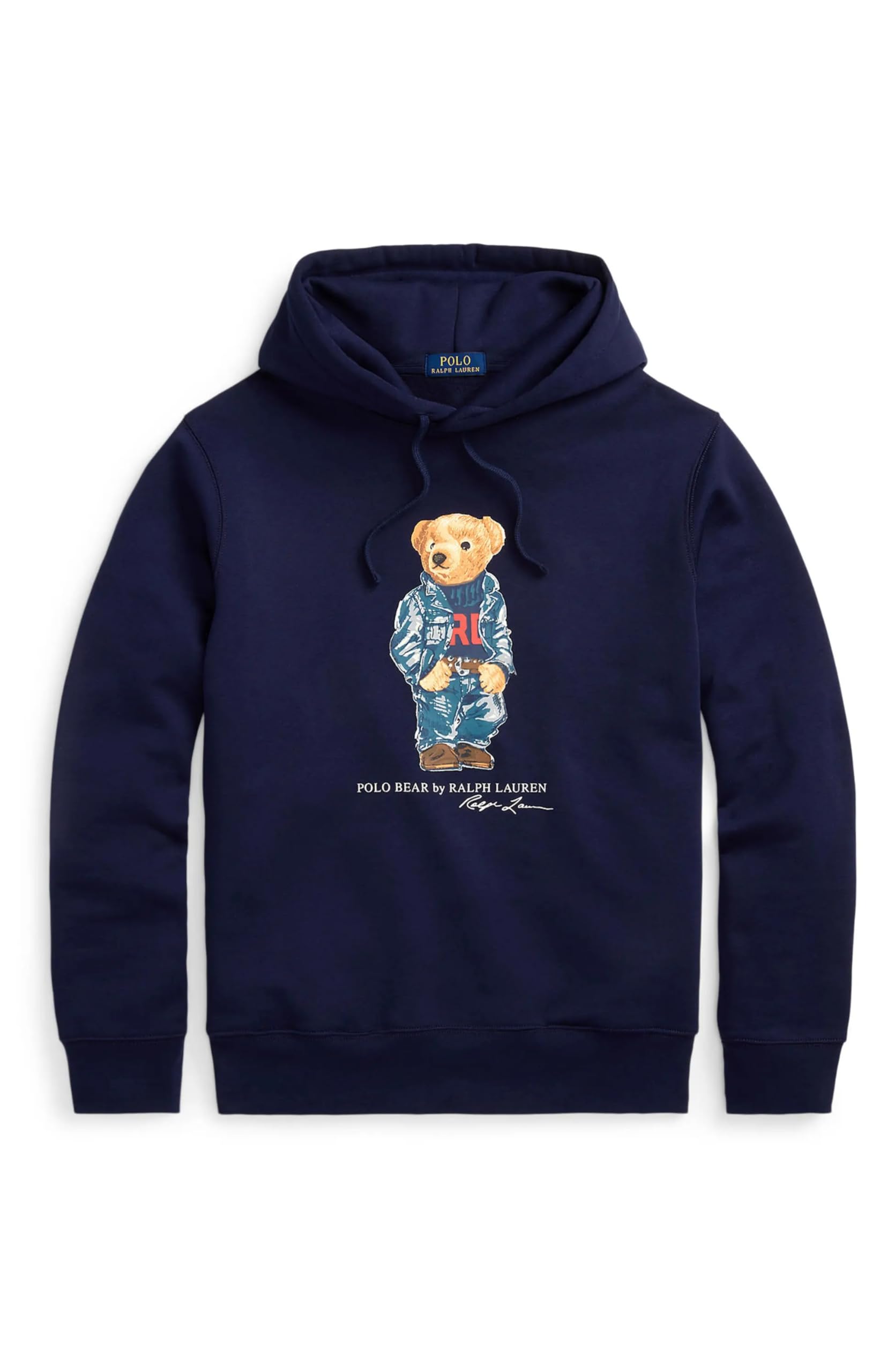 Men's Polo Bear Long Sleeve Fleece Hoodie (Denim Bear, L)
