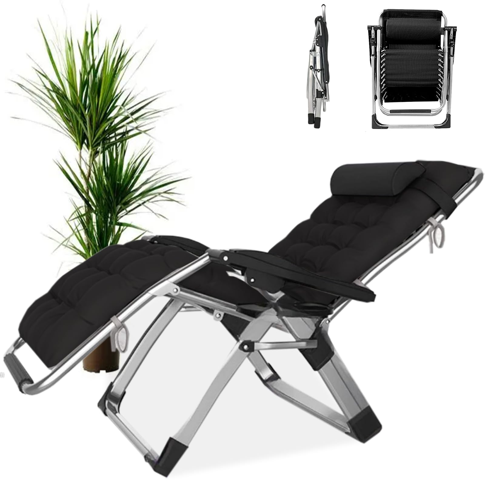 Sedia a Sdraio Pieghevole da Giardino con Supporto per Bevande, Sdraio Relax Traspirante per Terrazzo Esterno e Interno, Gravità Zero (A-cuscino Nero, Set da 1)