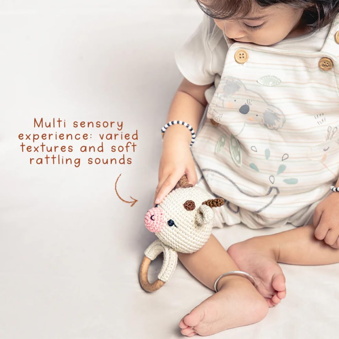 Gubbachhi Crochet & Wooden Rattle for Babies 0-6 Months | Handmade in India | Baby Rattle for Newborn Gifting | Helps Develop Motor & Sensory Skills | 100% Natural Cotton & Wood (AMBA Cow)