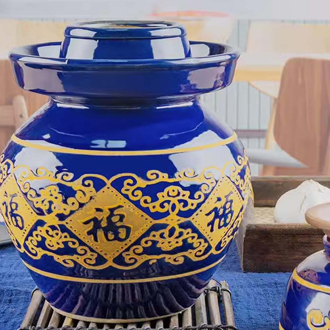 Duży ceramiczny słoik na marynaty z pokrywkami, niebieski tradycyjny porcelanowy słoik do marynowania, ceramiczny garnek fermentacyjny z uszczelką wodną pokrywką śluzy powietrznej, garnek z