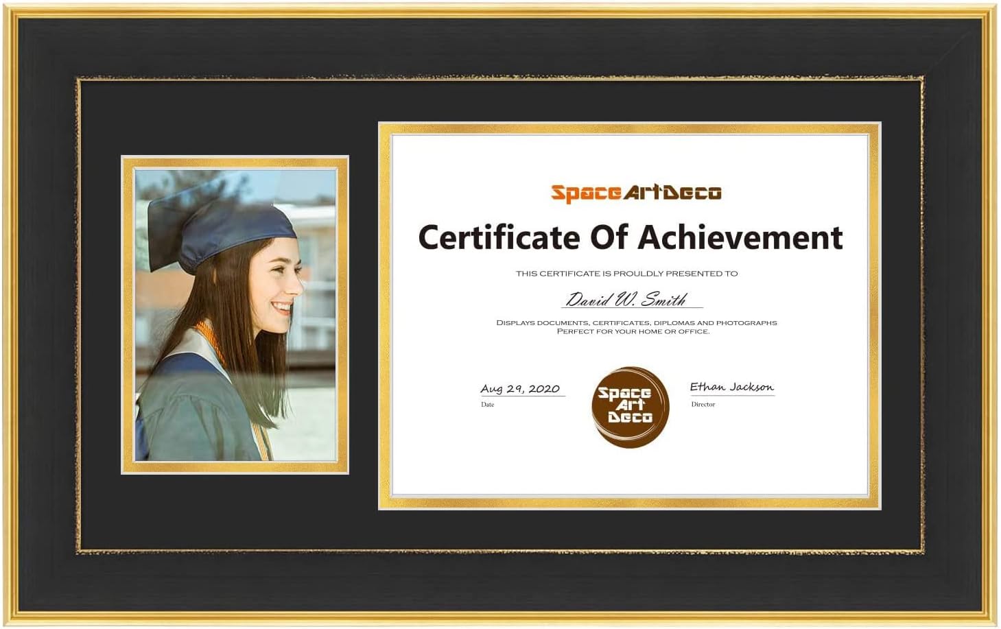 Space Art Deco, Marco de diploma de 11 x 19.5 pulgadas con paspartú doble negro sobre dorado para documentos de 8.5 x 11 pulgadas y una imagen de 5