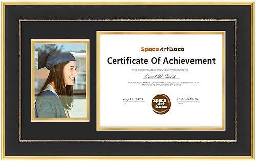 Space Art Deco, Marco de diploma de 11 x 19.5 pulgadas con paspartú doble negro sobre dorado para documentos de 8.5 x 11 pulgadas y una imagen de 5