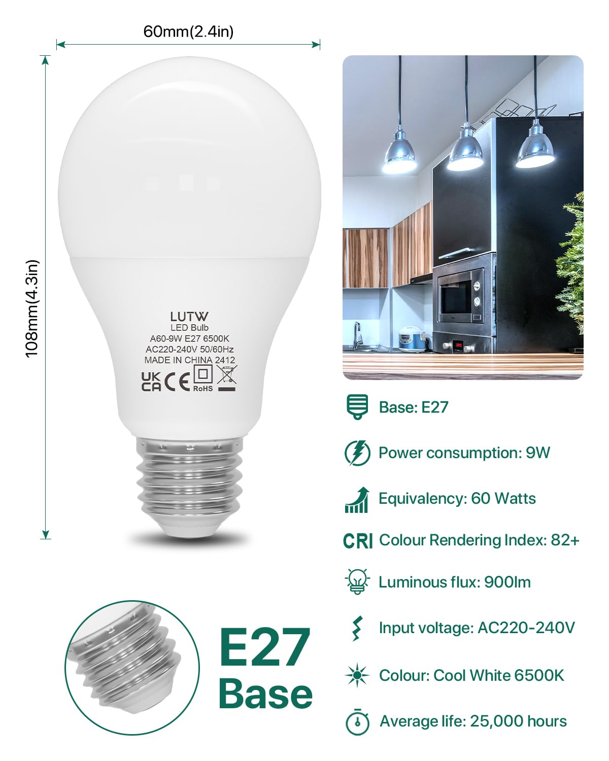 LUTW E27 Screw Bulb, Cool White 6500K, 9W E27 LED Bulb Equivalent to 60 Watts Incandescent Bulb - Image 2