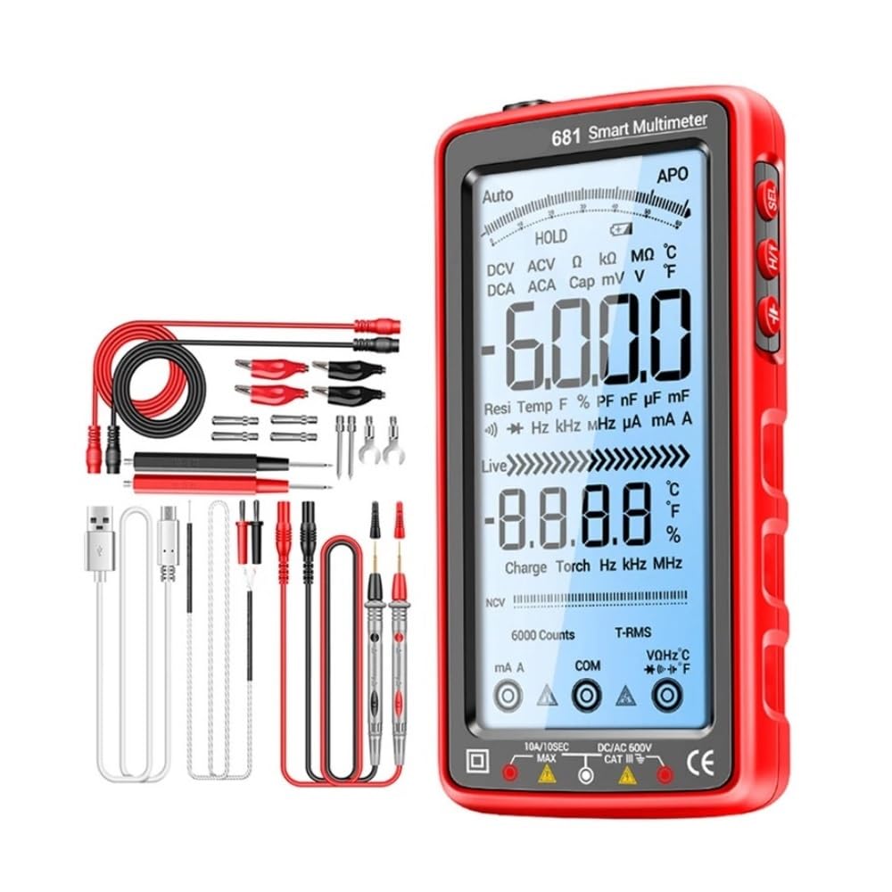 Multimetro digitale Tester di tensione AC/DC ricaricabile professionale Tester di tensione senza contatto Tester di corrente con schermo LCD(681 Red Pro)