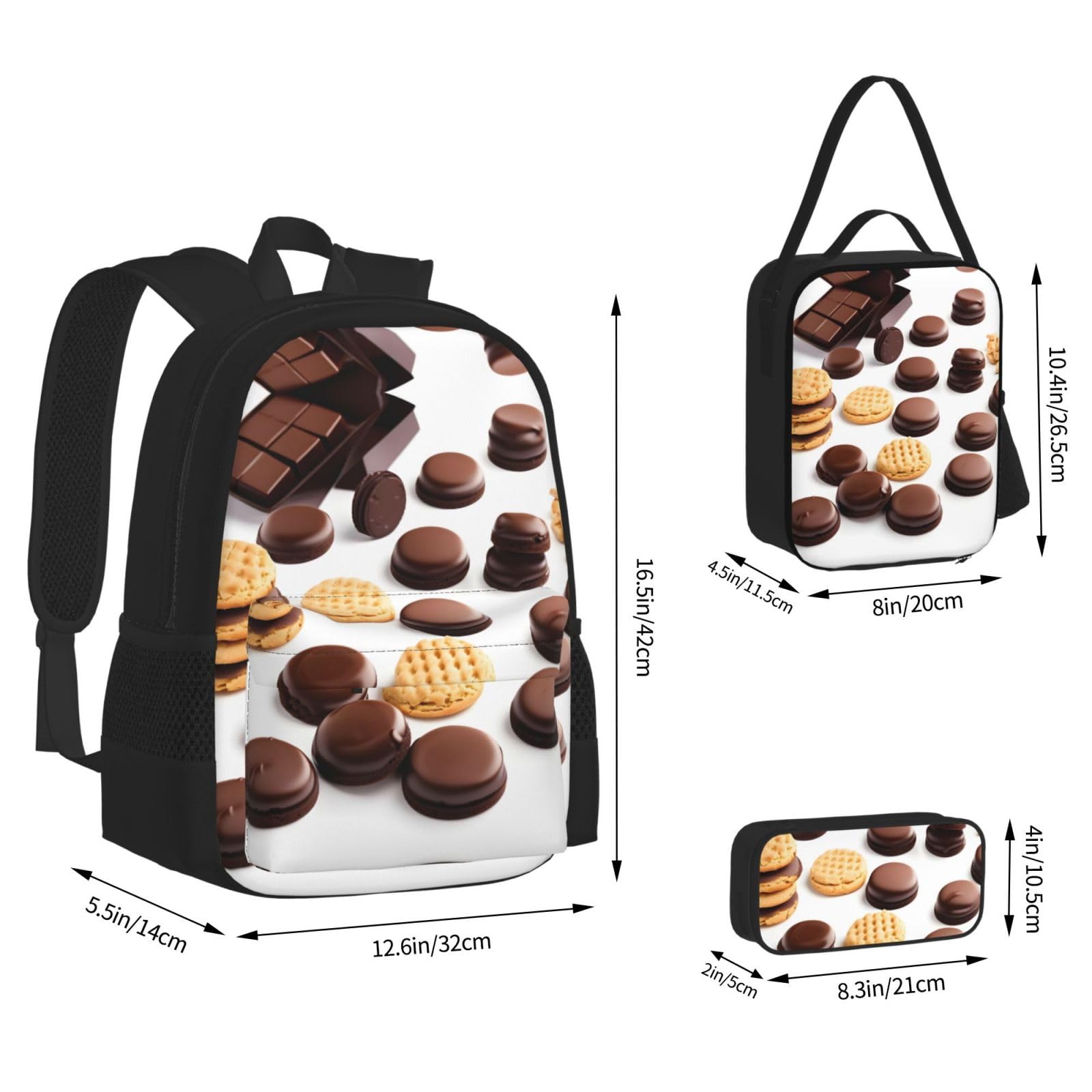 Biscotti Biscotti con gocce di cioccolato Stampa di frecce di corallo e verde acqua Zaino casual da 3 pezzi con scatola per il pranzo Zaino regolabile unisex, zaino per laptop da viaggio