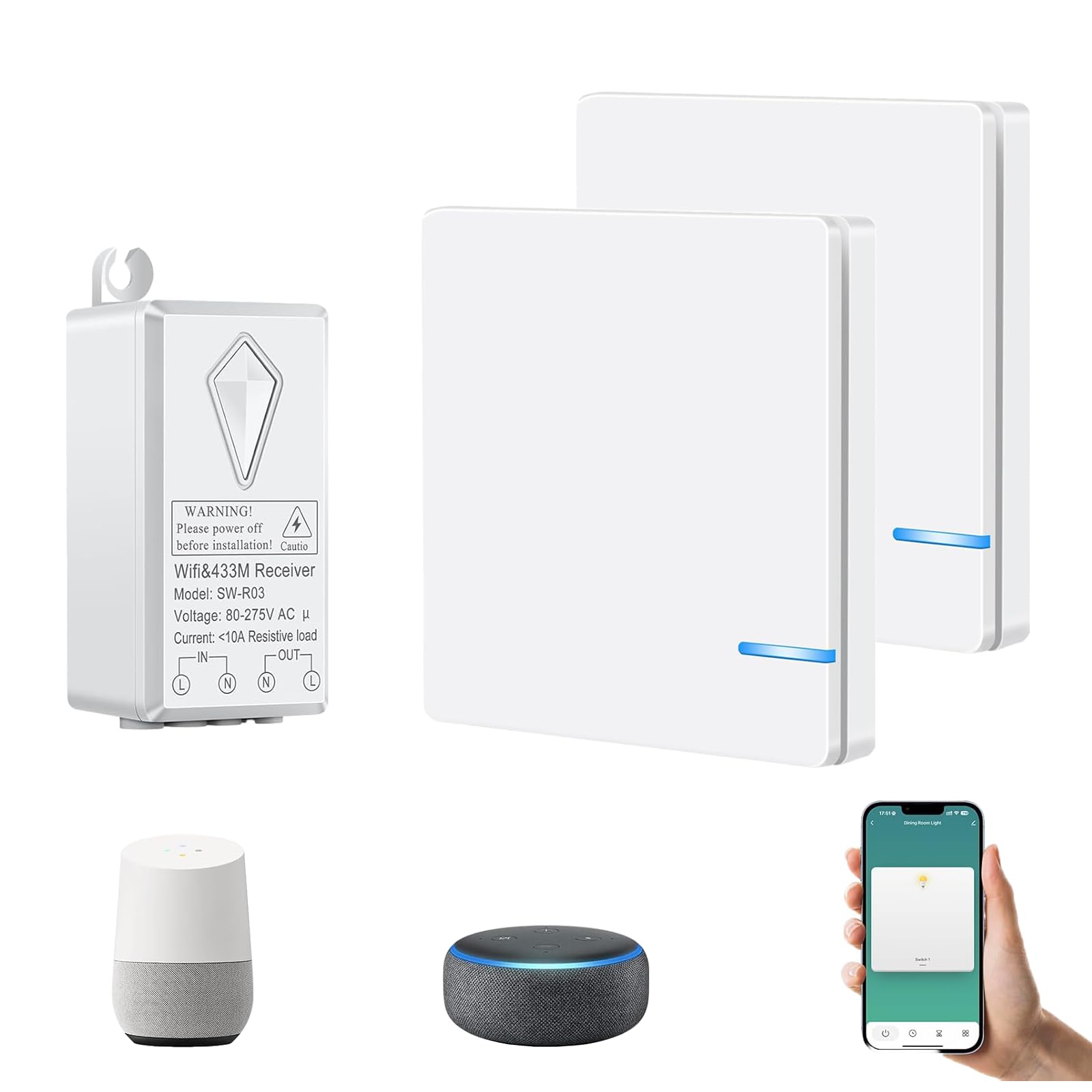 NineLeaf Wireless Smart Light Switch with Receiver,No Wiring Required,Schedule and Timer,Voice Control with Alexa & Google Assistant,Multi-Way Switches for Home Lighting (2 Switch + 1 WIFI Receiver) — image 1