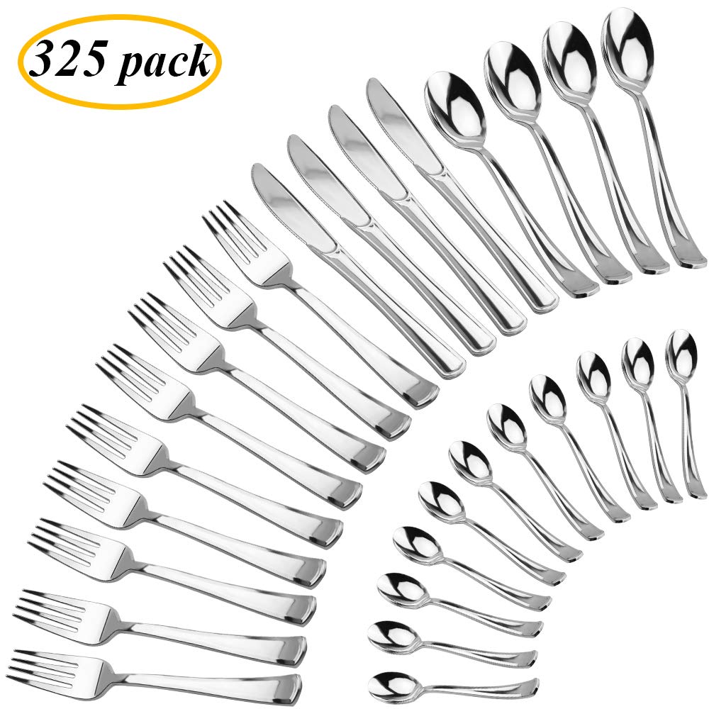 325 Plastic Silverware Set, Silver Cutlery Heavyweight, Disposable Flatware - 130 Forks, 65 Knives, 65 Spoons, 65 Dessert Spoons