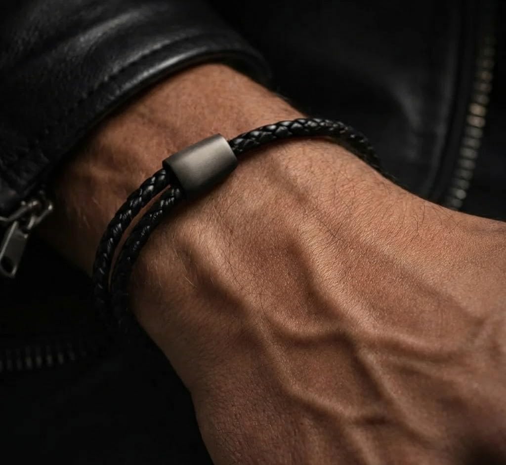 Forge & Foundry Bracelet réglable en cuir tressé noir pour homme | Fermoirs coulissants noirs mats, taille unique, Cuir, Pas de gemme