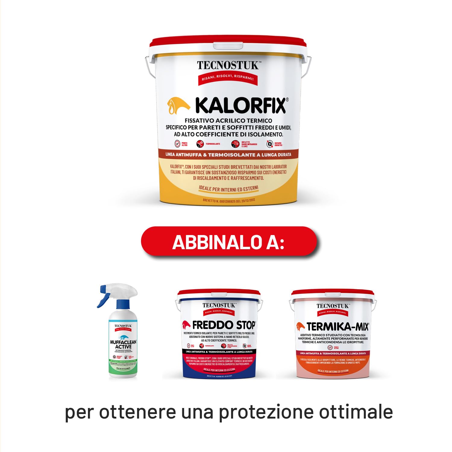 TECNOSTUK Kalorfix 5 L. – Fissativo Acrilico Termico per Pareti e Soffitti Freddi e Umidi – Termoisolante, Risparmio Energetico, Previene Muffa e Umidità