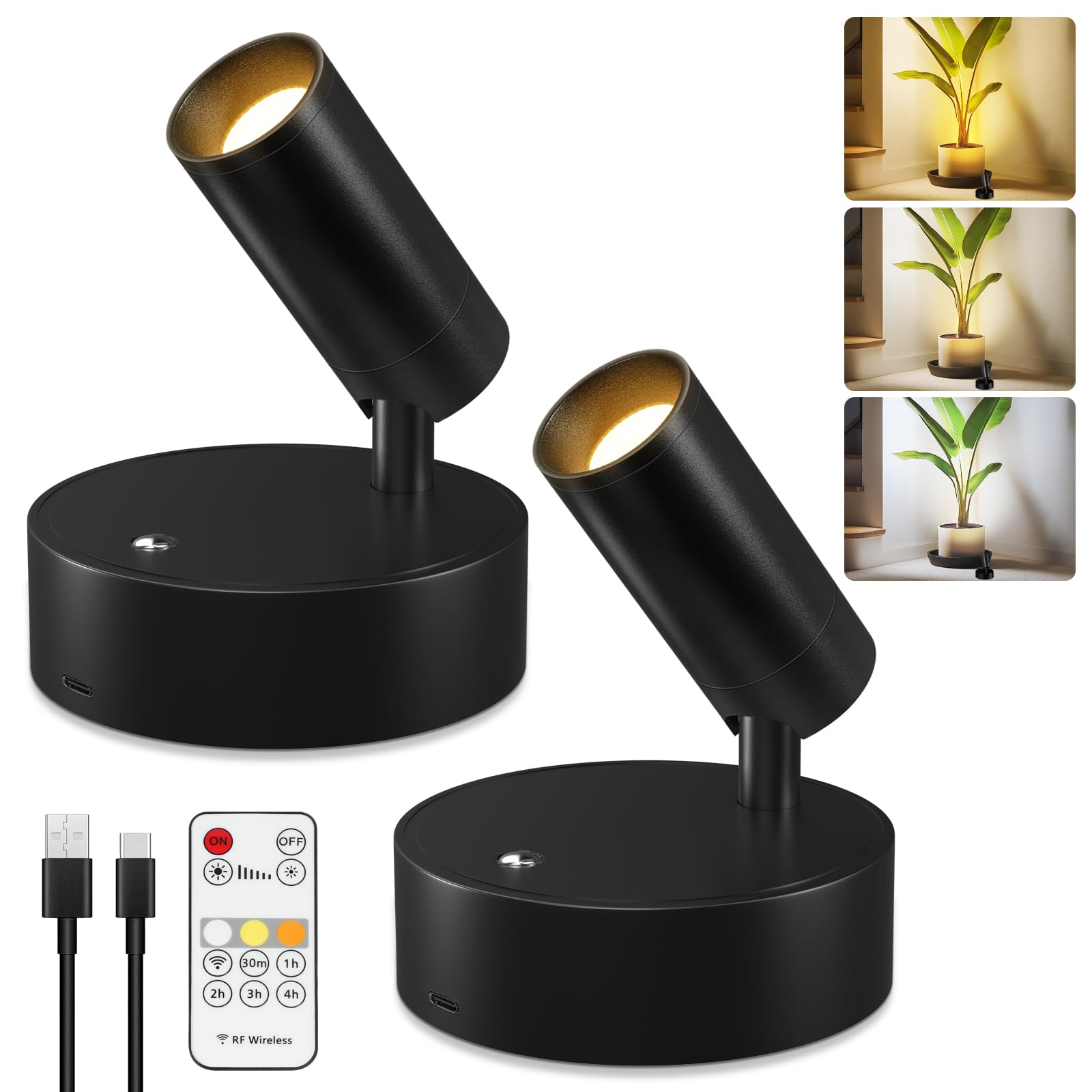 Kimjo LED Aplique Pared Interior sin Cable Recargable, Negro Focos de Pared de Interior a Pilas, USB Lámpara de Pared Regulable con Mando a Distancia para Planta Obra de Arte Salón Dormitorio, 2 Pieza