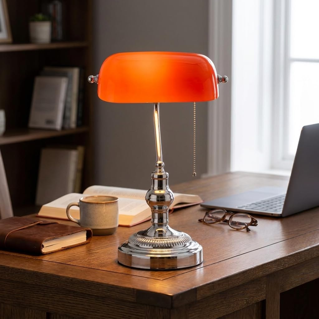 BARCELONA LED Lampada da Tavolo Banker Vintage E27 Paralume in Vetro Rosso Base Cromata Orientabile Luce da Scrivania Classica Stile Industriale Retrò Nordico per Ufficio