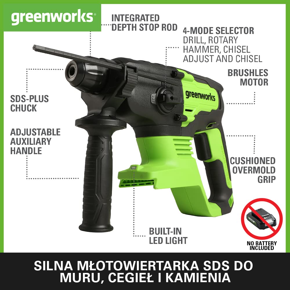 Greenworks GD24SDS2 Młotowiertarka Akumulatorowa SDS z Silnikiem Bezszczotkowym, 0-1000 obr./min, 0-4500 obr./min, Moment Obrotowy 2 Dżuli, BEZ Baterii i Ładowarki 24V