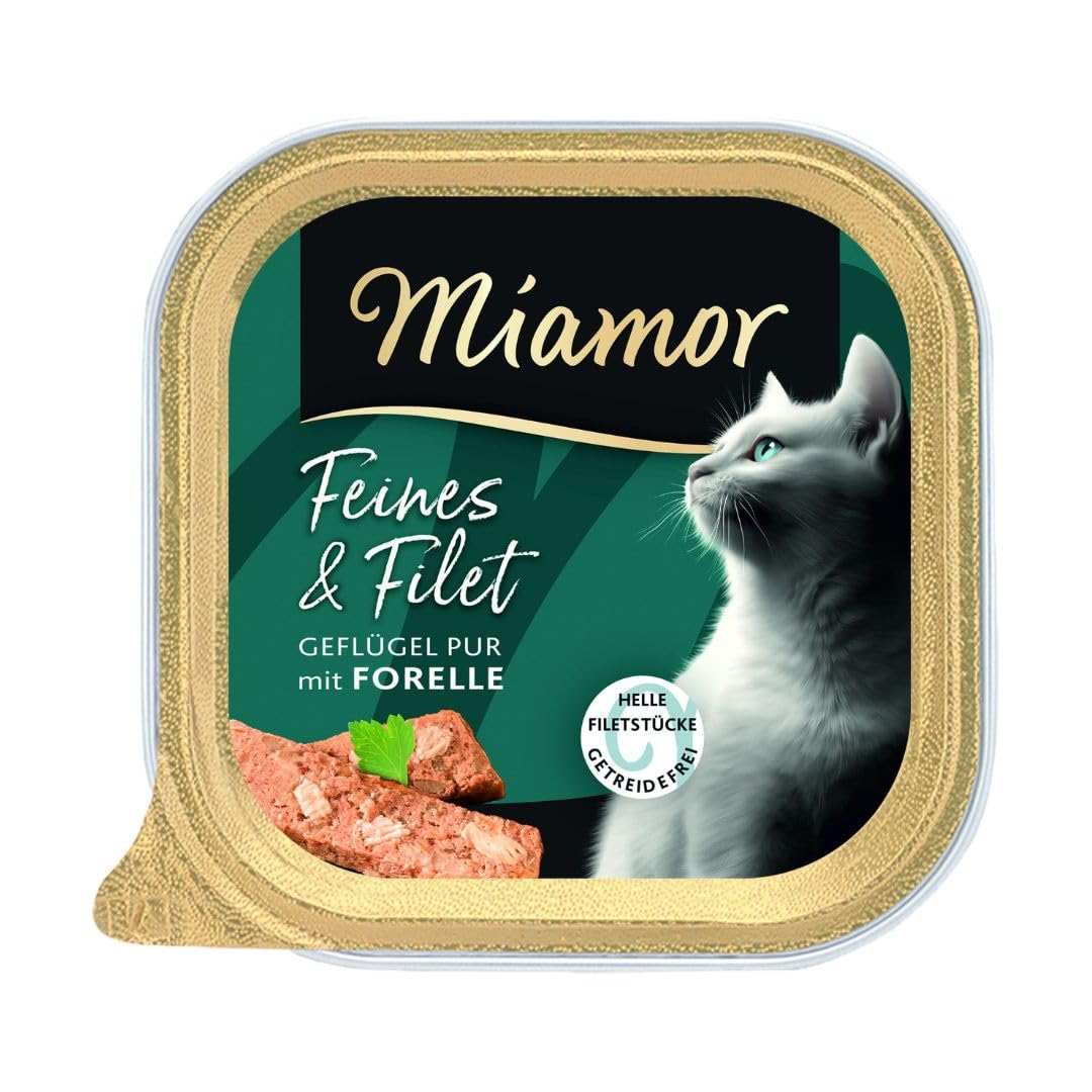 Miamor - Delikatna i filet | mokra karma dla dorosłych kotów z jasnymi kawałkami filetu. Niskotłuszczowa karma uzupełniająca w skorupce bez sztucznych dodatków | 16 x 100 g czystego drobiu i pstrąga