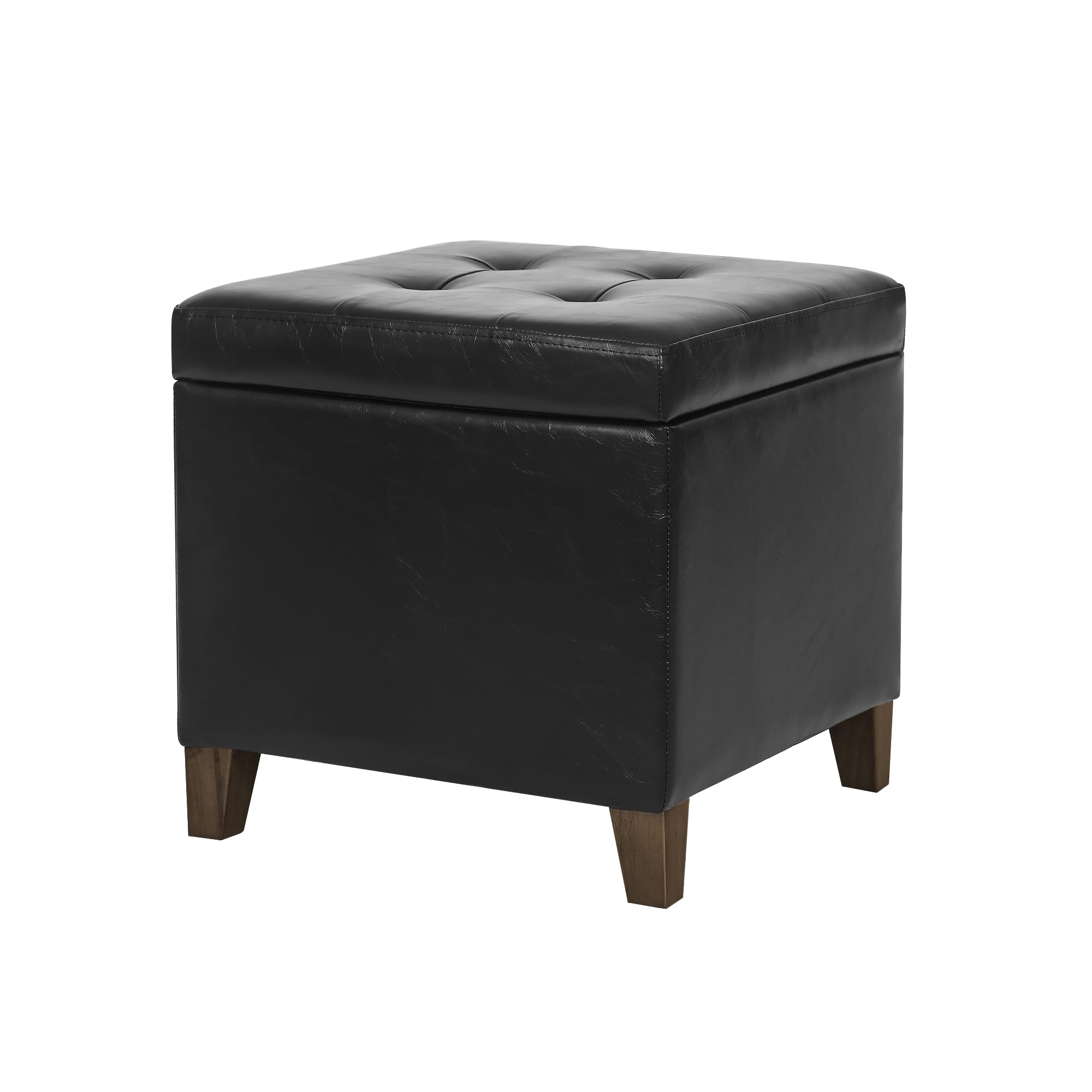 Adeco Faux Leather Storage Ottoman Bench with Solid Wood Legs, 17.7" Square Black PU Cube Foot Stool, Upholstered Button Tufted Vanity Chair with Hinged Lid for Living Room, Bedroom, Dorm