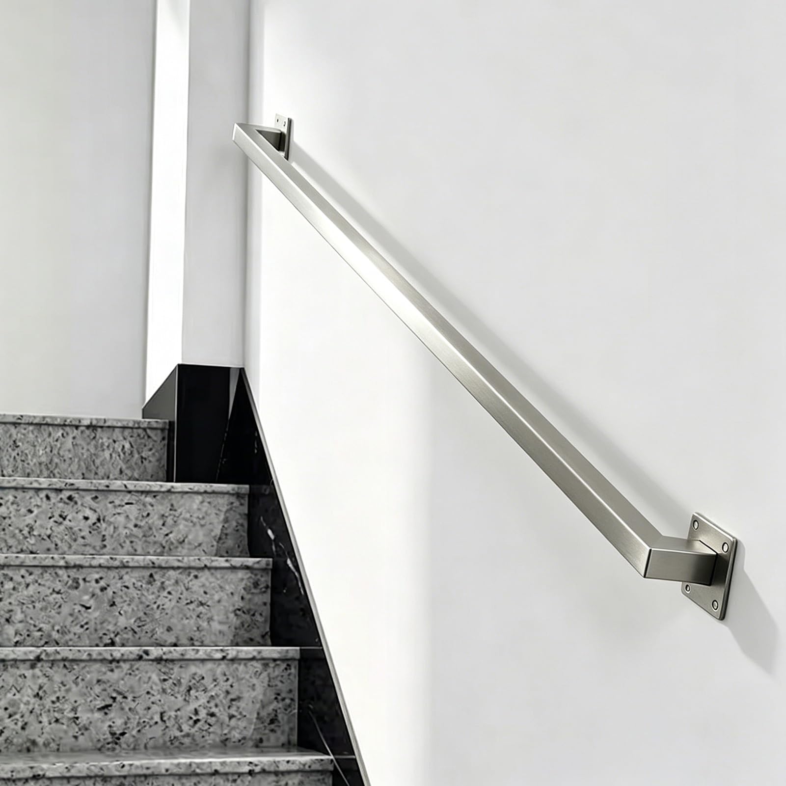 Industrial Stairs Handrail Kit, Wall Mounted Square Tube Stainless Steel Grab Bar, 1m 1.5m 2.8m 2.5m 3.9m 4.5m 6m Non-Slip Banister Support Rod Handle - Silver(16ft/4.8m)