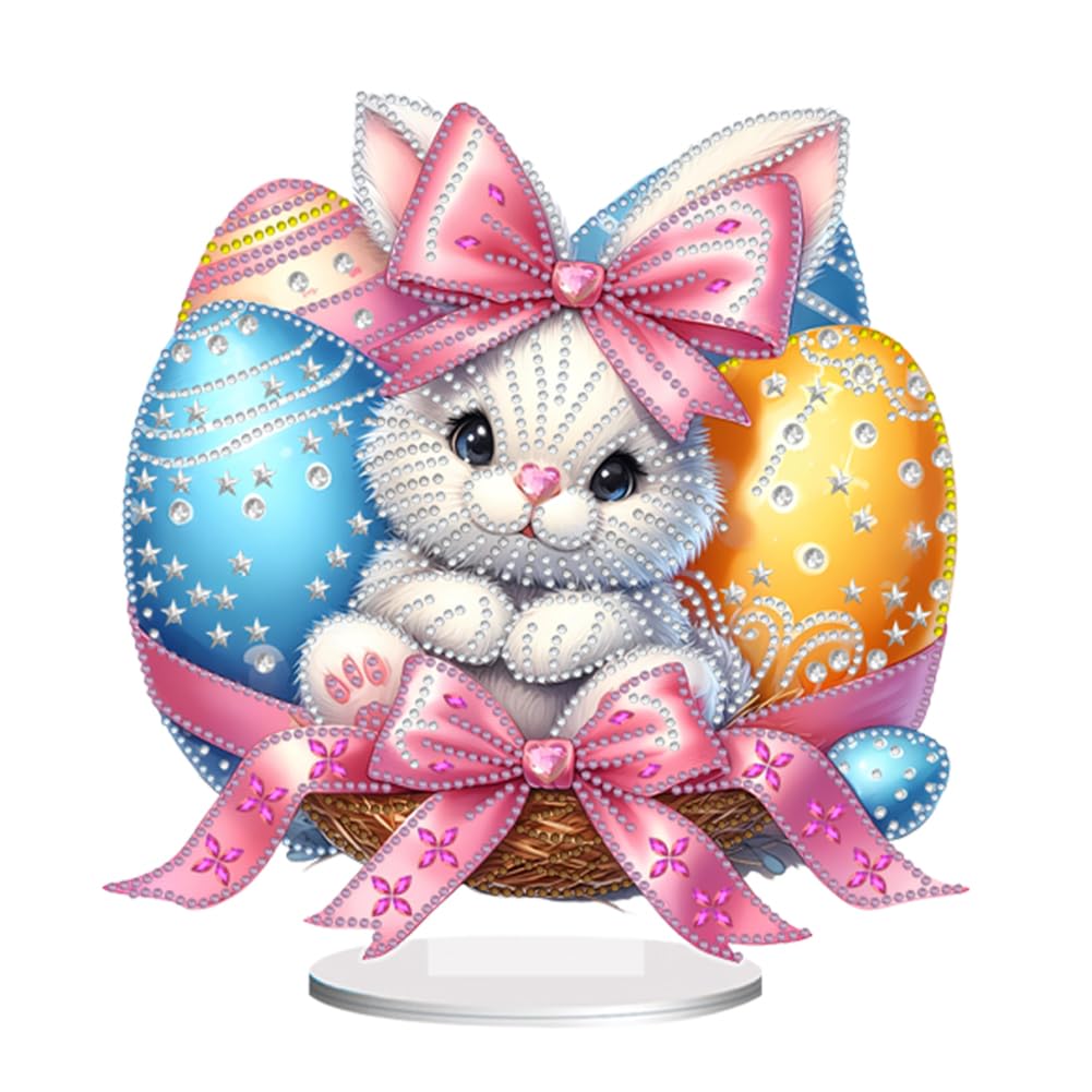 Easter Diamond Art Painting Desktop Kit with Stand, Special Shaped Diamond Art Tabletop Ornament, DIY Decor Craft Gift for Adults Beginners(Easter Bunny Egg-02)