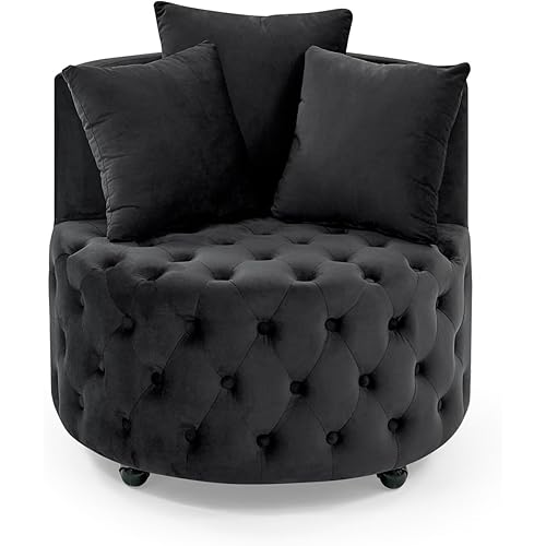 LLS Swivel Barrel Chair, Velvet Accent Barrel Chair with 3 Pillows and 4 Wheels 360 Degree Sofa Chair Modern Button Tufted Upholstered Accent Chair for Living Room, Bedroom, Black