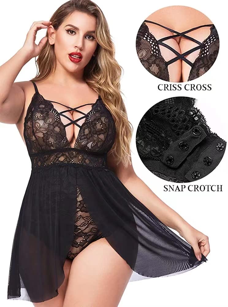 QHQQXN Plus Size Spitzen-Mesh-Chemise-Nachtwäsche-Dessous-Set, Spitzenbesatz, Negligee, L-5XL