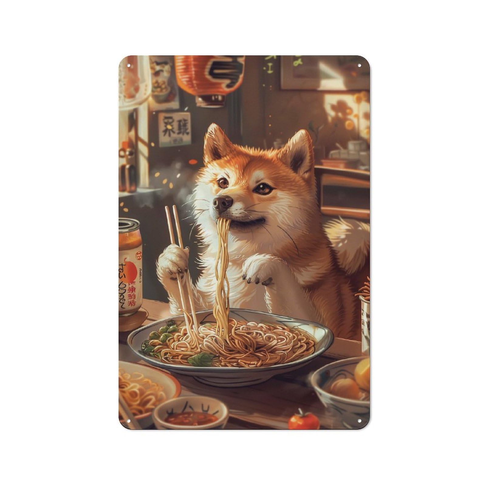 Ramen Shiba Inu Cottage Style Metal Wall Decor 30x20cm, Farmhouse Metal Sign for Farmhouse Kitchen, Pantry Or Dining Area