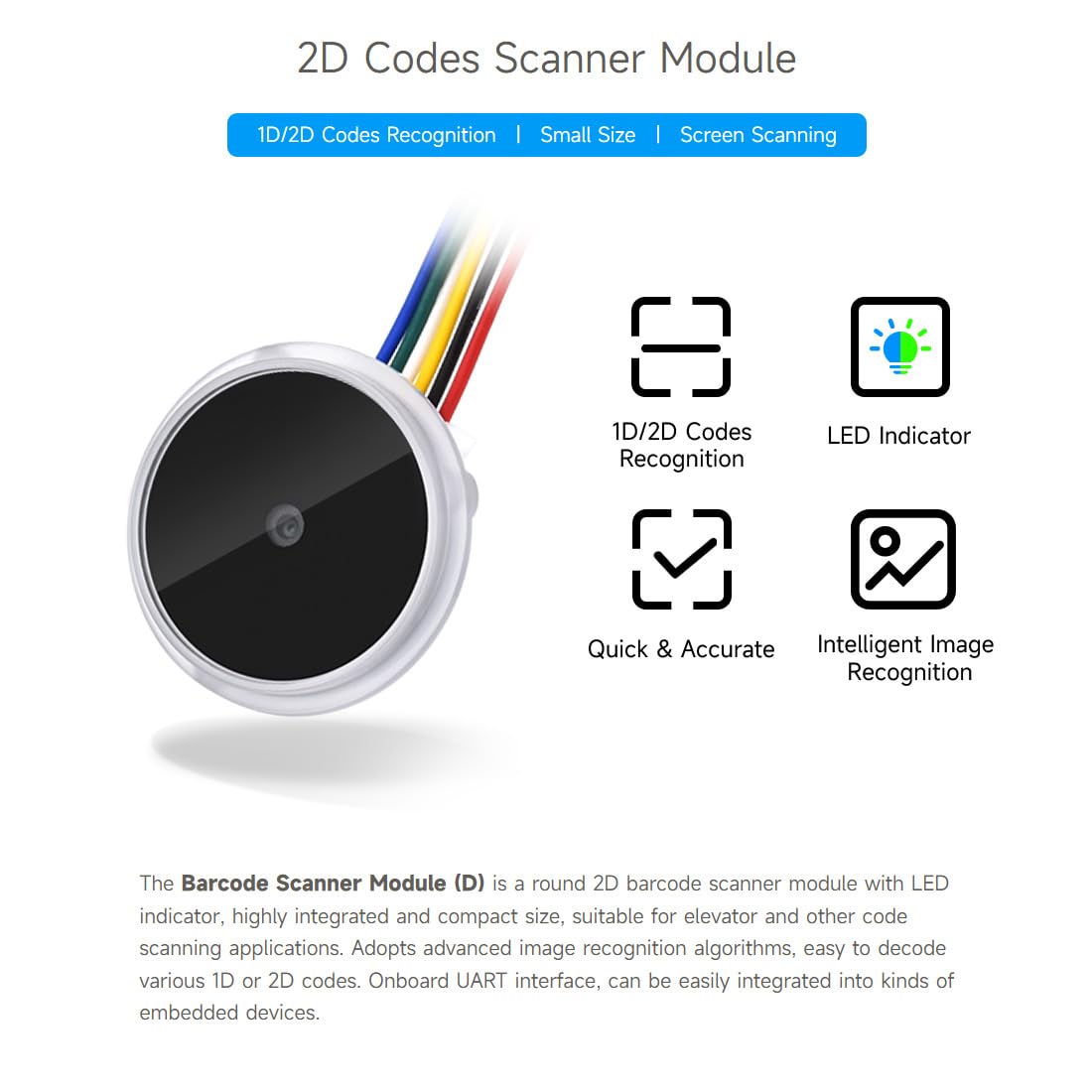 Waveshare Circular 2D Codes Scanner Module, Barcode/QR code Reader, with LED Indicator, Small Size, Easy to Integrate, Suitable for Elevator & Other Code Scanning Applications