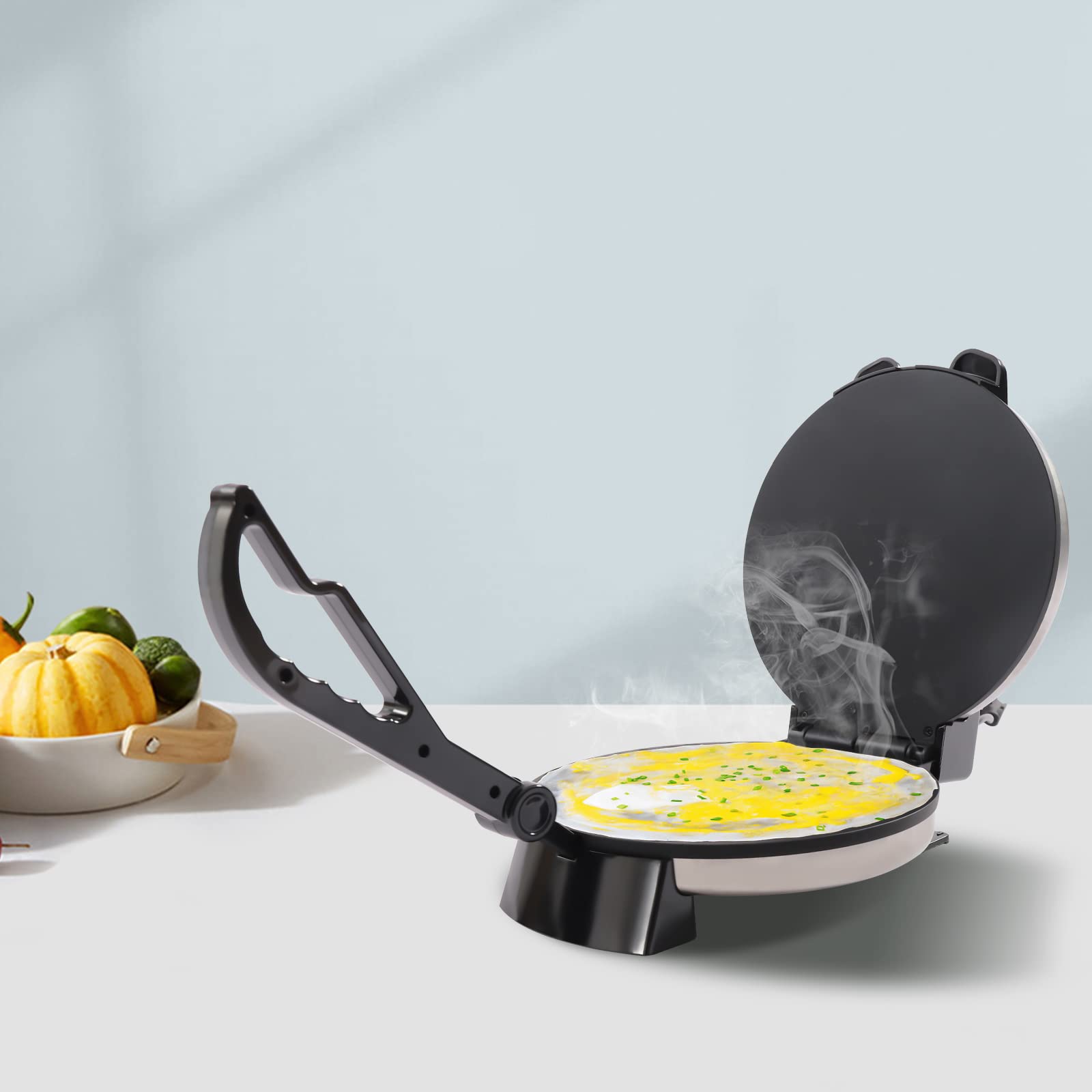 Roti Maker 220V 1800W Elektrische Edelstahl Doppelseitige Heizung mit Temperaturknopfes und Faltbar Griff Maismehl Presse Antihaftbeschichtung Tortilla Presse, für Pfannkuchen, Omeletts, Pizza usw