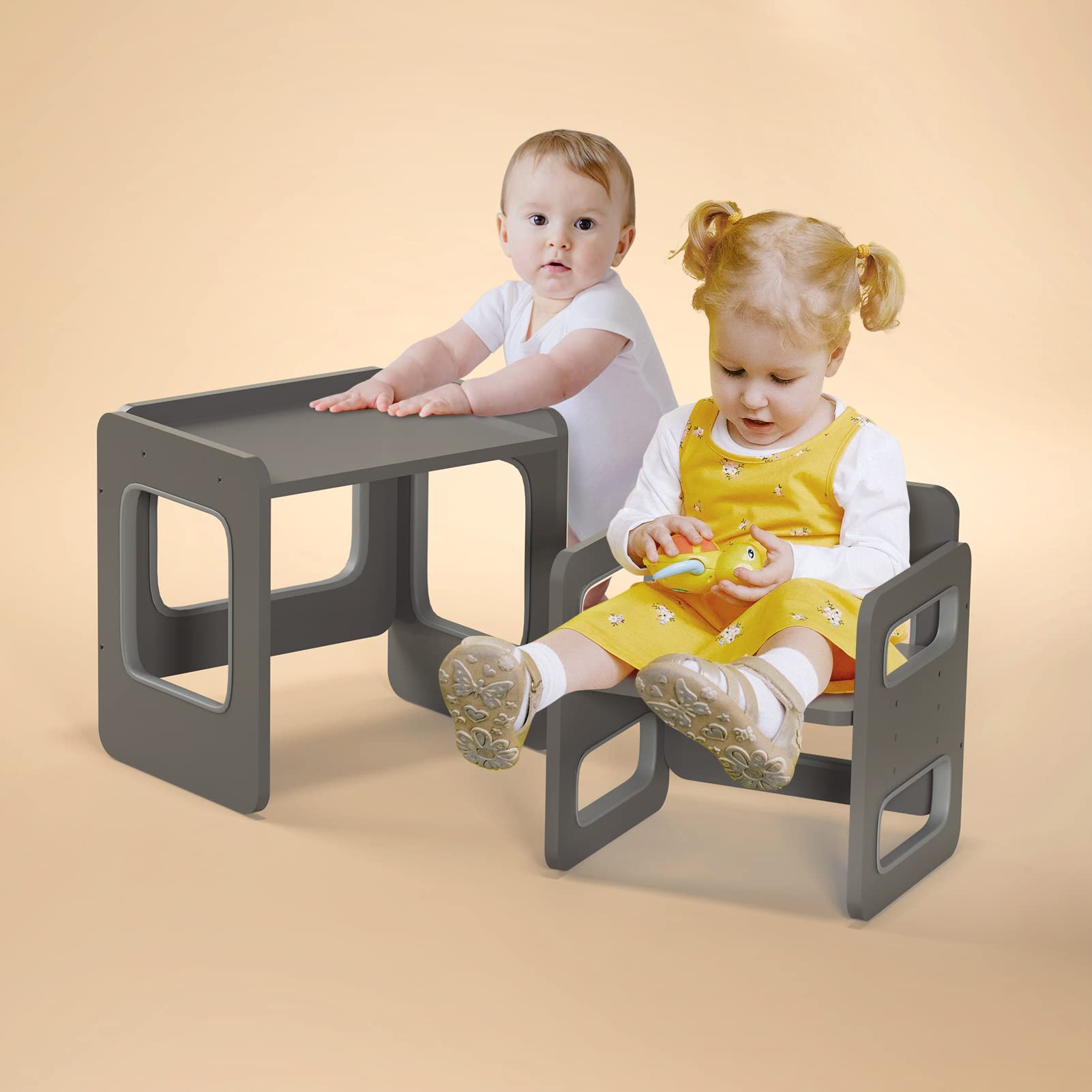 Tilhumt Montessori Weaning Table and Chair Set for Toddler Age 1-4, Kids Table and Chair Set, Adjustable Height Activity Table with Fence for Toddle Montessori Toys Read, Play, Arts, Crafts