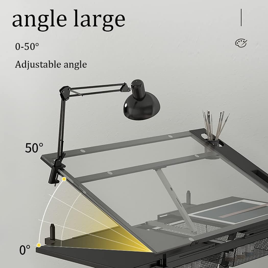 Tempered Glass Top Drafting Table with 2 Storage Drawers/Sliding Side Countertop/Stool, Height Adjustable/Tiltable Artist Drafting Table, for Graphic Design, Sketching, DIY