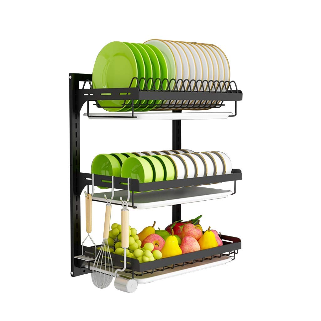 3-Stöckiges Wand-Abtropfgestell Für Geschirr – Höhenverstellbarer Abtropfkorb Für Teller, Schüsseln, Gemüse Und Obst Mit 3 Haken, Abtropfbrettern Und Besteckkor,No Side Holder