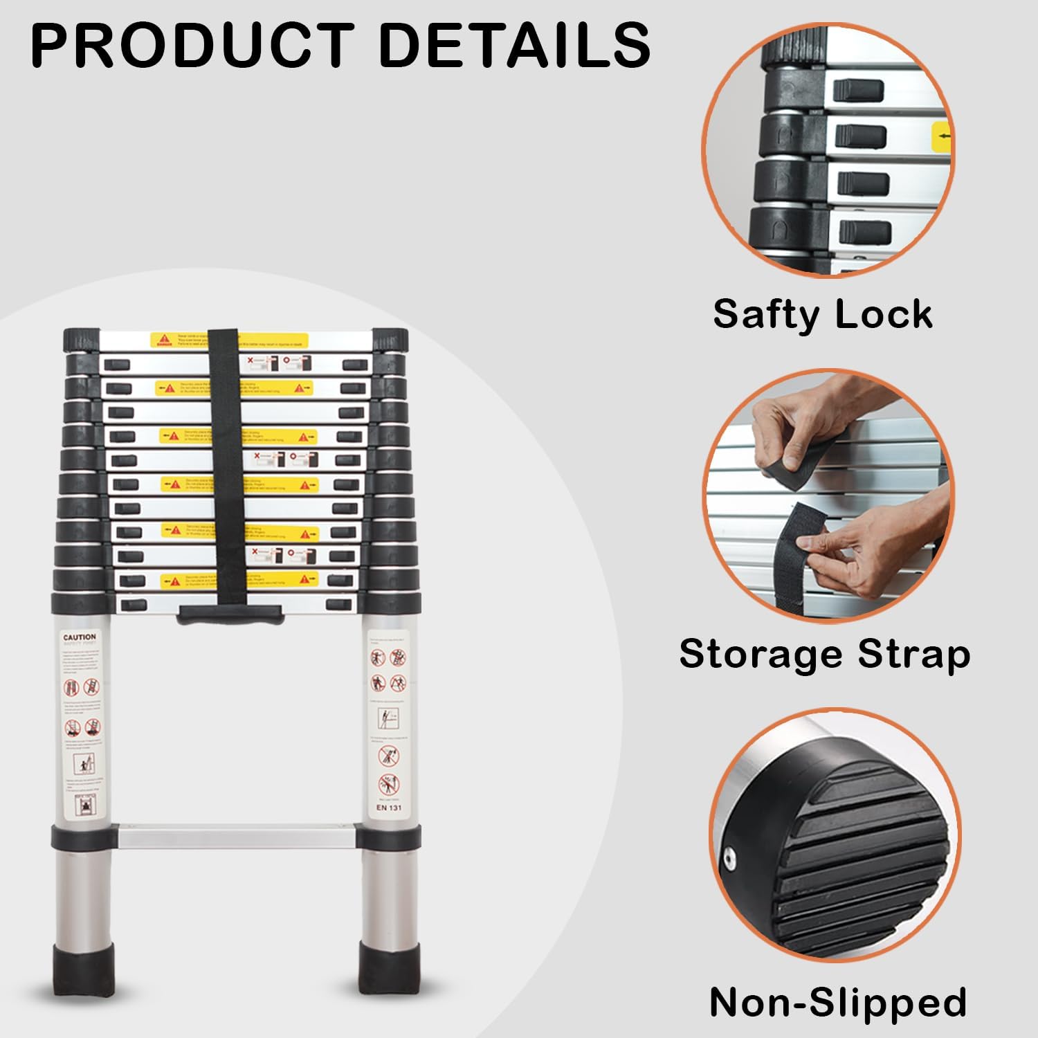 HOUZA 3.9m (13 ft) Steel Telescopic Ladder | 10-Step Foldable Extension Ladder | Portable & Collapsible Ladder for Home, Industrial & Outdoor Use | EN131 Certified | 1 Year Warranty(Silver & Black) — Amazon image 4