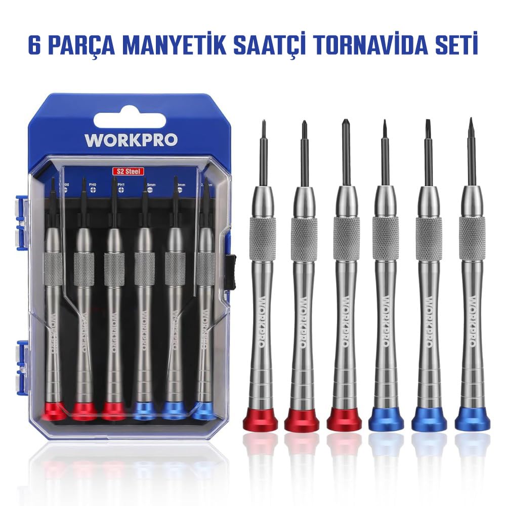 WORKPRO WP200549 Profesyonel Saat Tornavida Seti, 6 Parça, S2 Manyetik, Elektronik Onarım