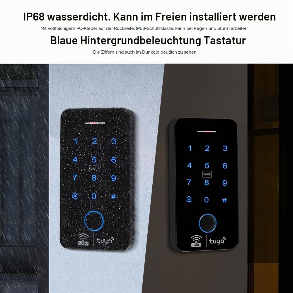 WiFi TUYA Fingerabdruck-Zugangskontroll-Controller für den Außenbereich, wasserdicht, RFID-Touch-Tastatur, Türschloss, kompatibel mit 125 kHz und 13,56 MHz, Dualband-Smart-App-Entsperrung