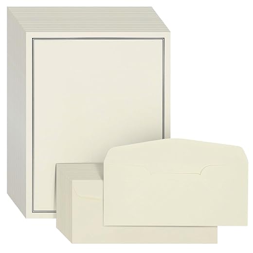 Premium Stationery Paper Set with Envelopes (Ecru and Black 48-Pack)