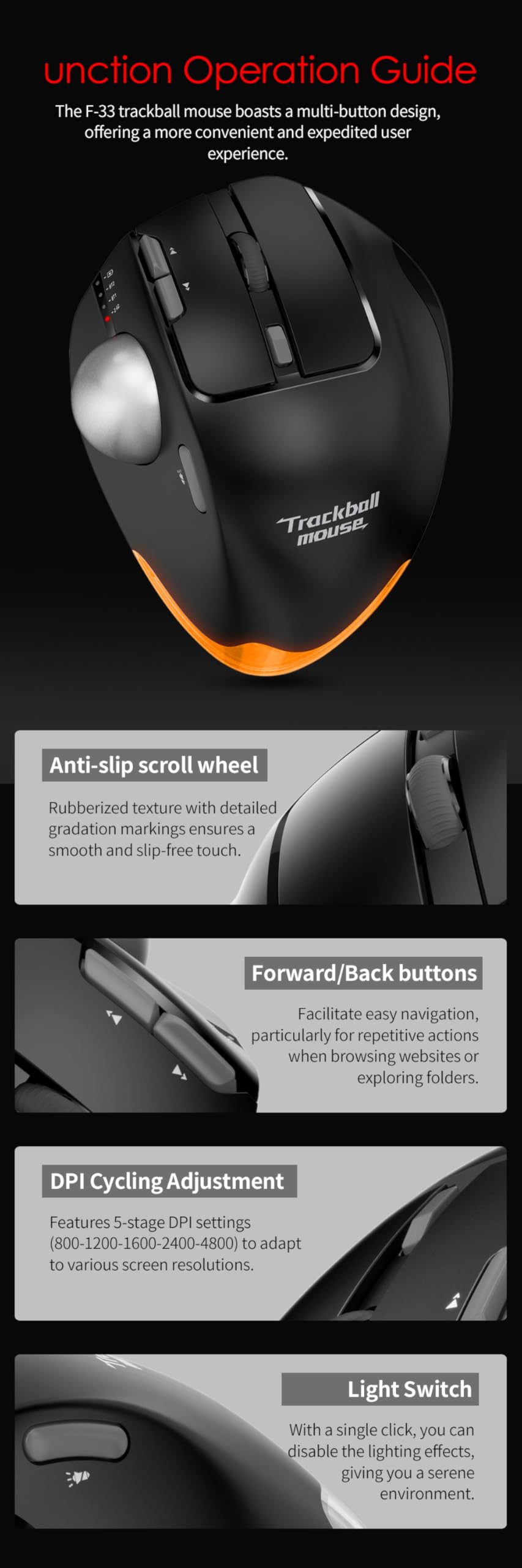 Mouse Trackball Wireless, Mouse Ergonomico Wireless con Bluetooth 2.4G, Ricaricabile Mouse per PC, Mac, Windows, Controllo Pollice, con Luci Colorate RGB Pulsanti Programmabili Trasformazione Nero