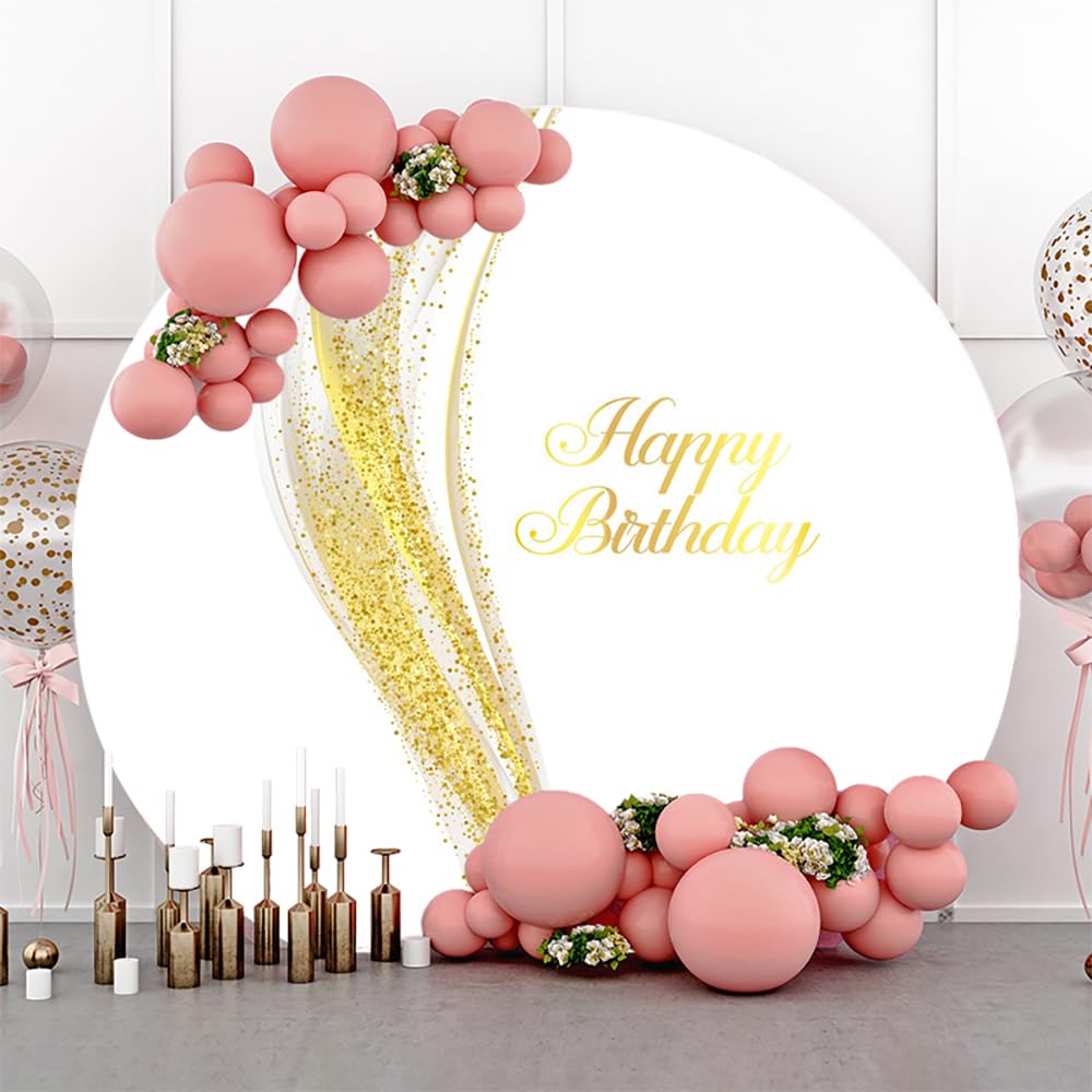Durchmesser 2,2m Runde Happy Birthday Weiß Gold Backdrop Gold Kurven Glitter Wellen Hintergrund für Fotografie Geburtstag Party Baby Dusche Photo Booth Requisiten, Polyester
