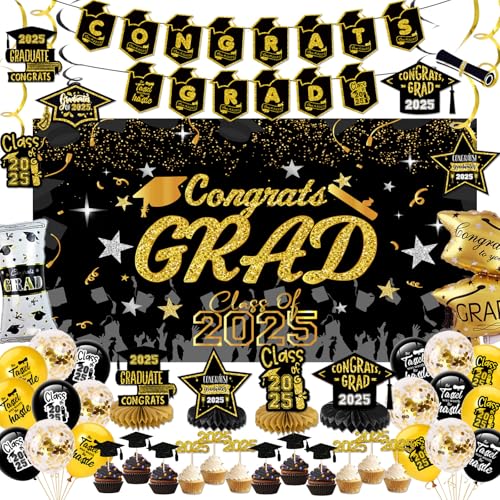 Graduation Decorations 2025-Black and Gold Graduation Party Decorations Supplies Class of 2025 with Banner, Backdrop, Balloons, Centerpieces, Cupcake Toppers, Hanging Swirl for Grad Party