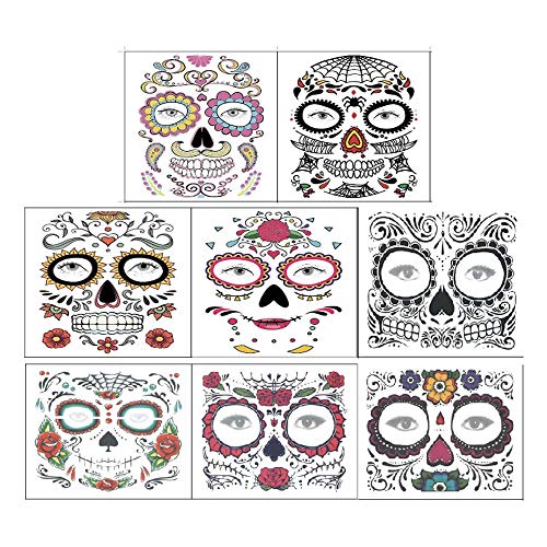 Tatuajes temporales de cara de Halloween Kit de maquillaje, 8 hojas, día de los muertos, máscara facial completa… - Imagen 3
