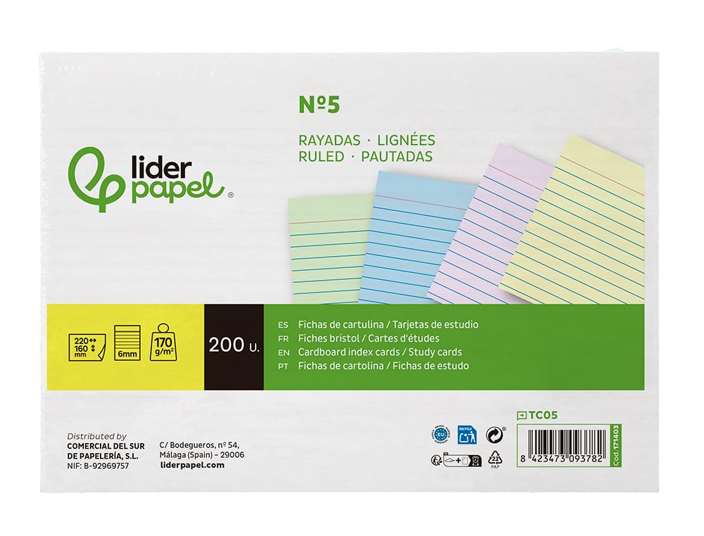 Leaderpapel Card for Studying Ruled Coloured cardstock 170 g/m2 160x220 mm Pack of 200 Units