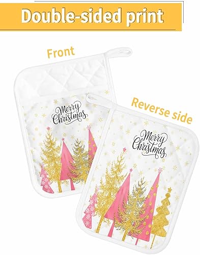 Miniatura 23 de Juego de 4 agarraderas de tela de rizo con diseño de flores navideñas para cocina, antideslizantes y aislantes de calor, con bolsillo, guantes