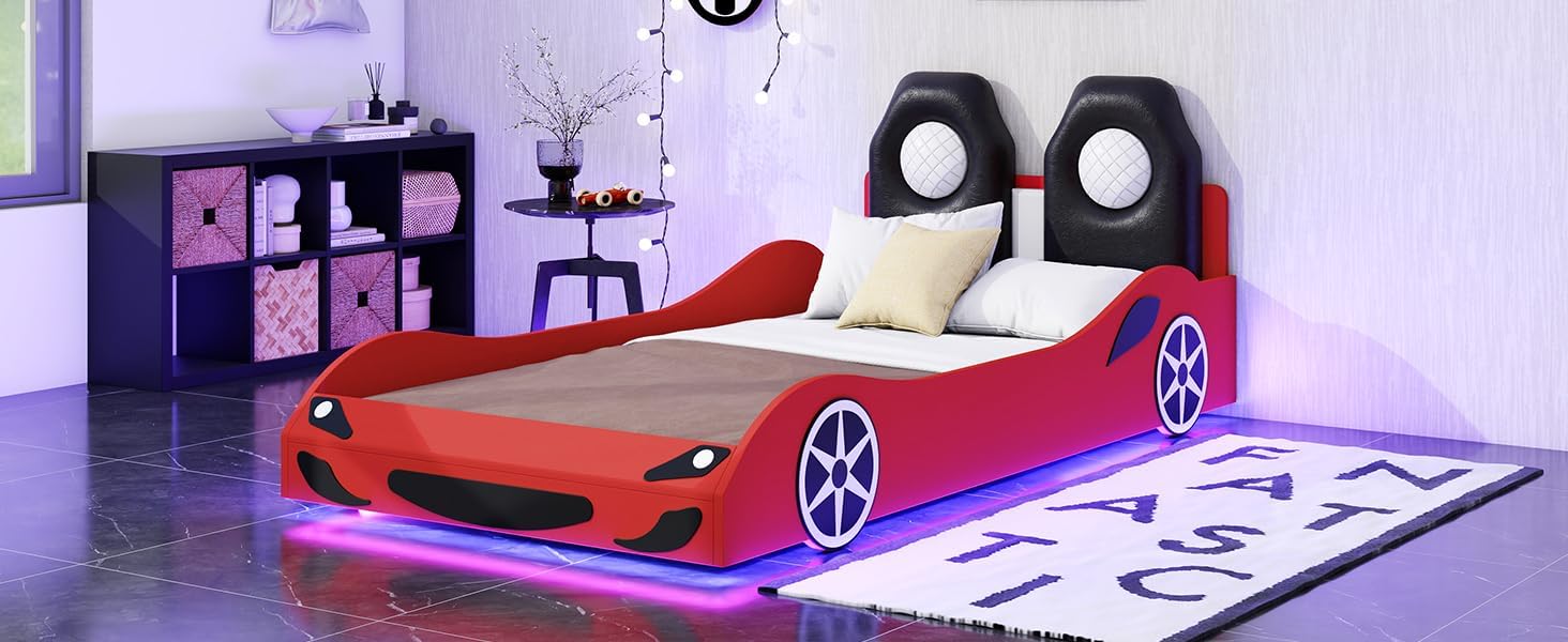 Harper & Bright Designs Wood Twin Size Race Car-Shaped Platform Bed with LED and Upholstered Backrest, Red