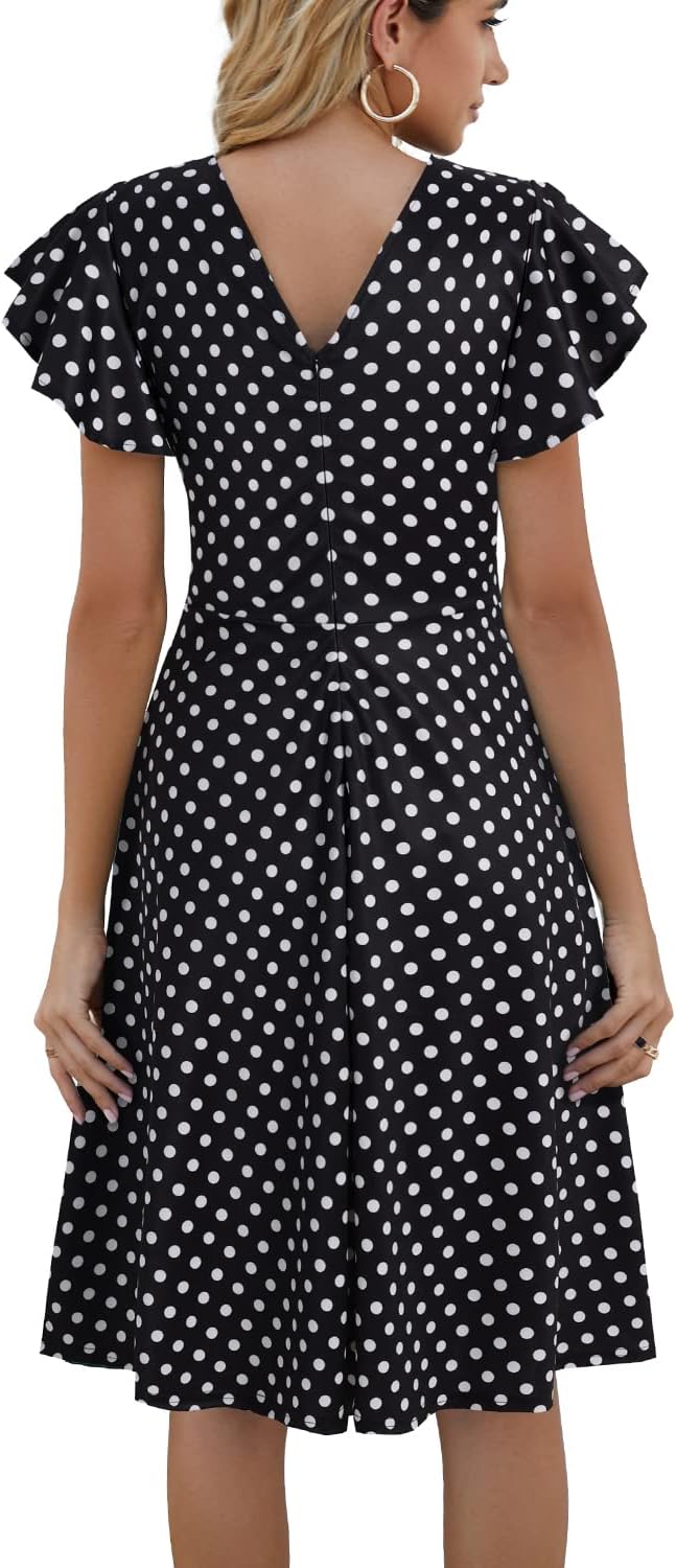 HELYO Women's Semi-Formal Ruffle Sleeves V-Back Work Fit and Flare Cocktail Knee Length Dress with Pockets 842 - Image 2